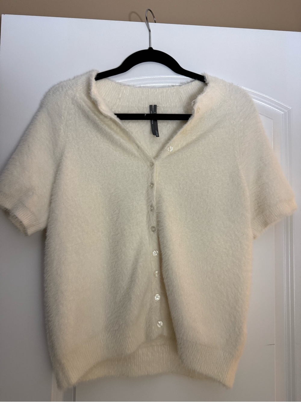Anthropologie Cream Fuzzy Short-Sleeve Button Cardigan